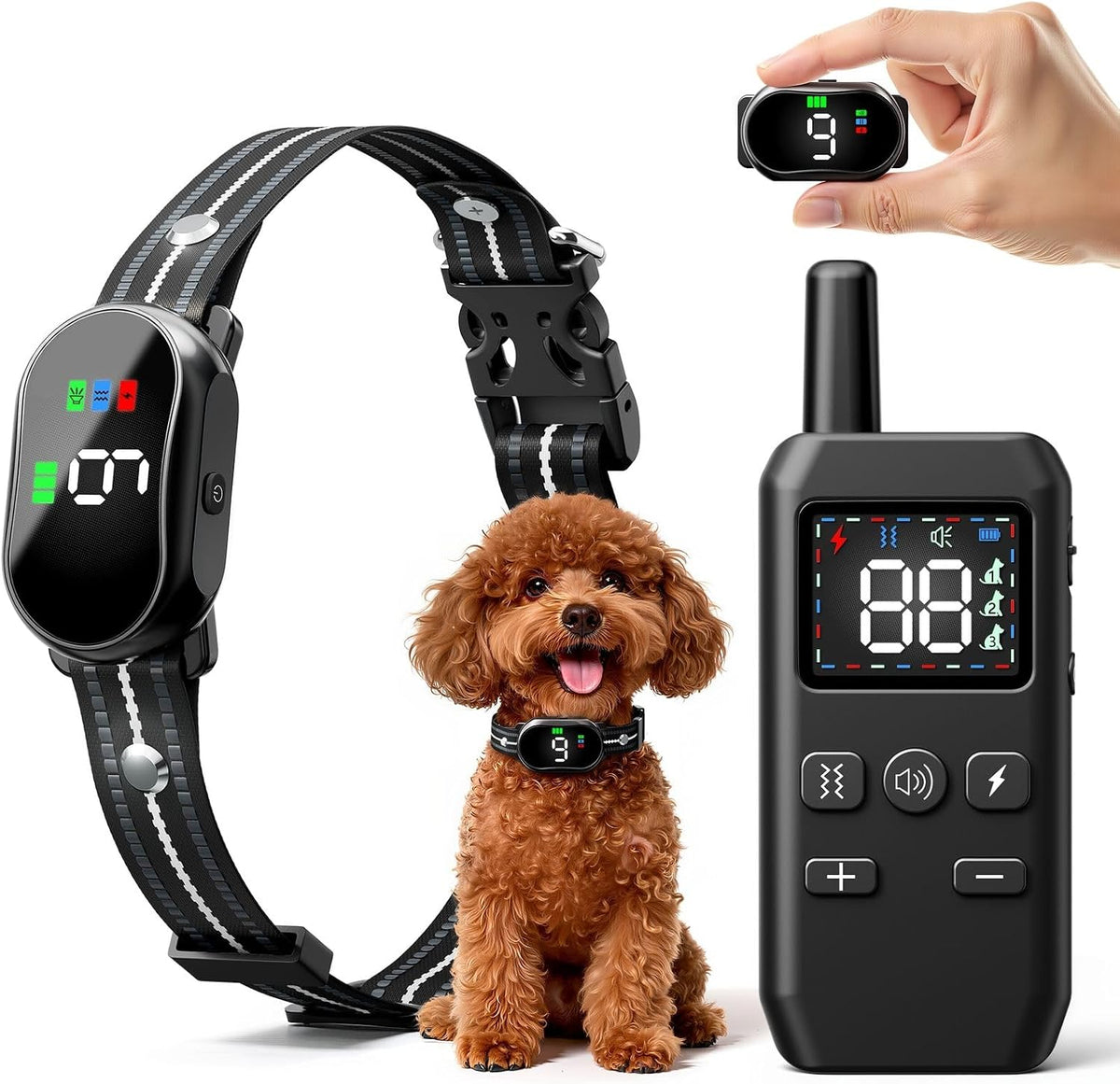 Veconix small dog training collar front view showing the remote controller and receiver unit
