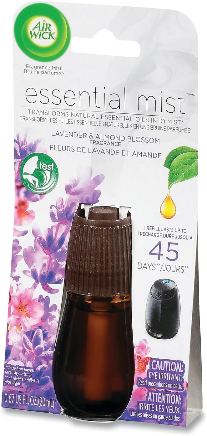 Air Wick essential mist refill showing fluid volume specifications.