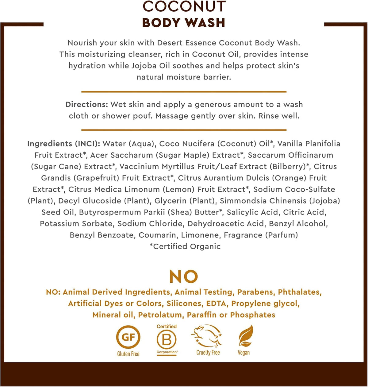 Desert Essence Coconut Body Wash bottle packaging with plant-based hydration details