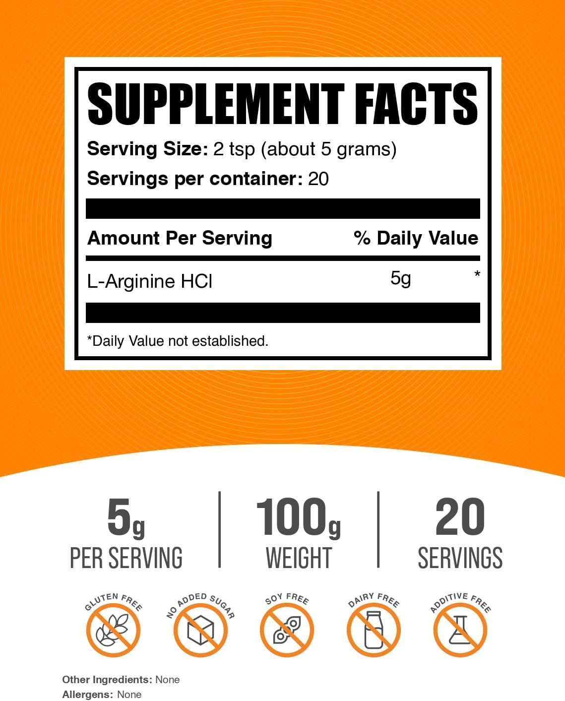 BulkSupplements unflavored arginine powder supplement nutritional facts label displaying pure ingredients