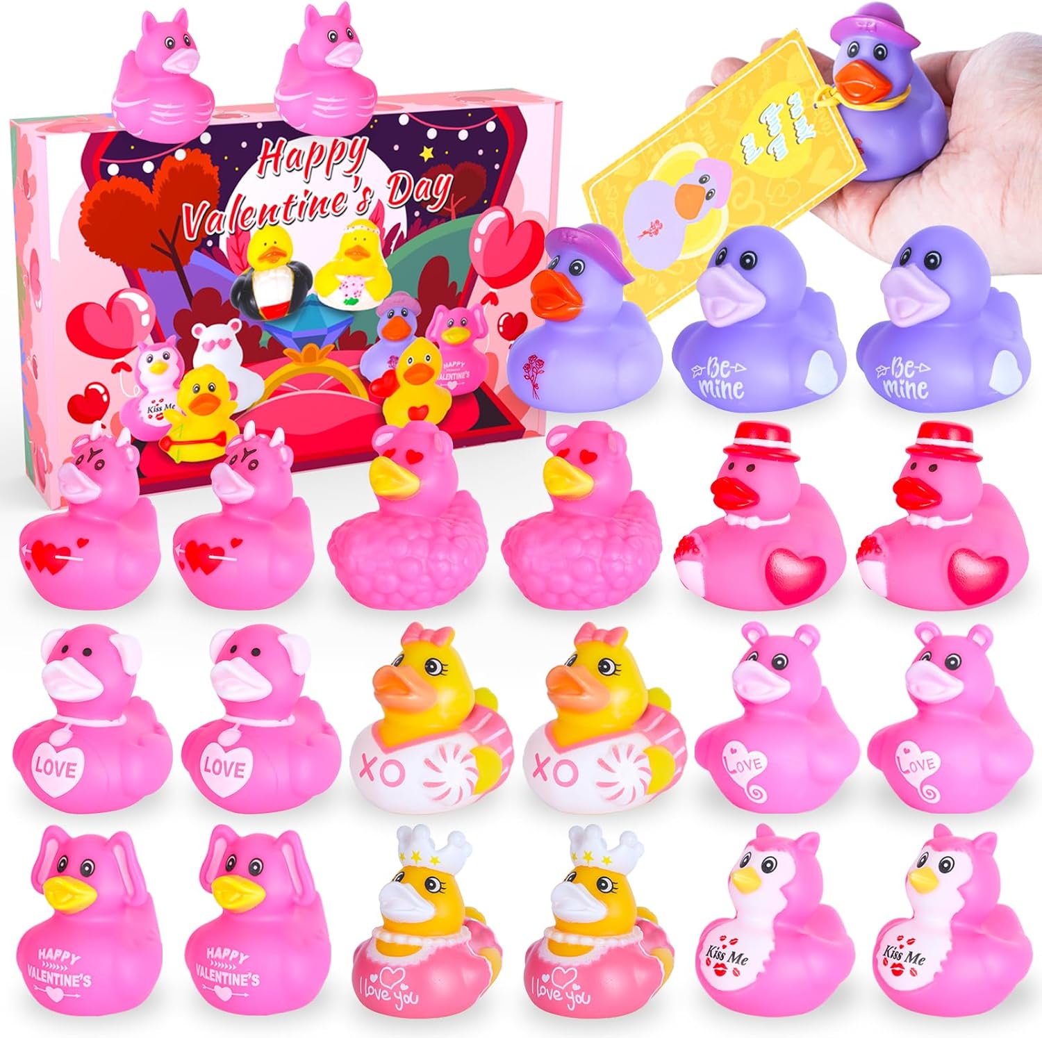 BOZILY Valentine Day rubber ducks and cards pack front view showing premium imported festive novelty toys.