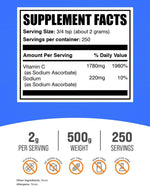 BulkSupplements Buffered Vitamin C non acidic supplement powder nutrition facts and serving size information.