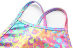iLover rainbow leopard print bathing suit fabric closeup