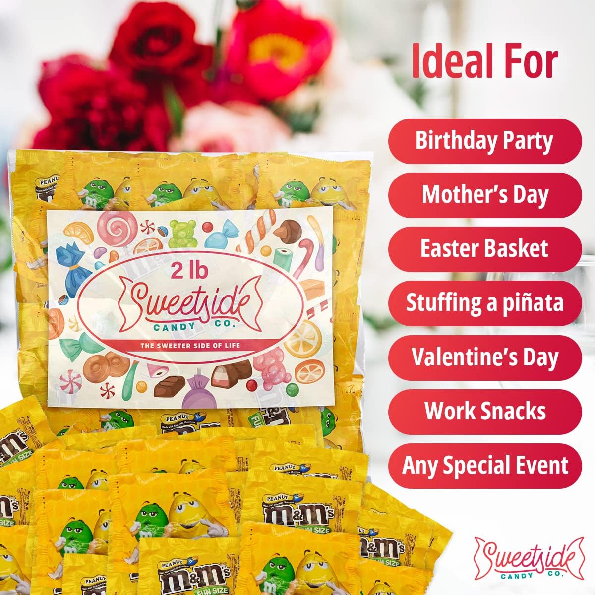 Close up of fun size chocolate packets highlighting the colorful wrapper design.