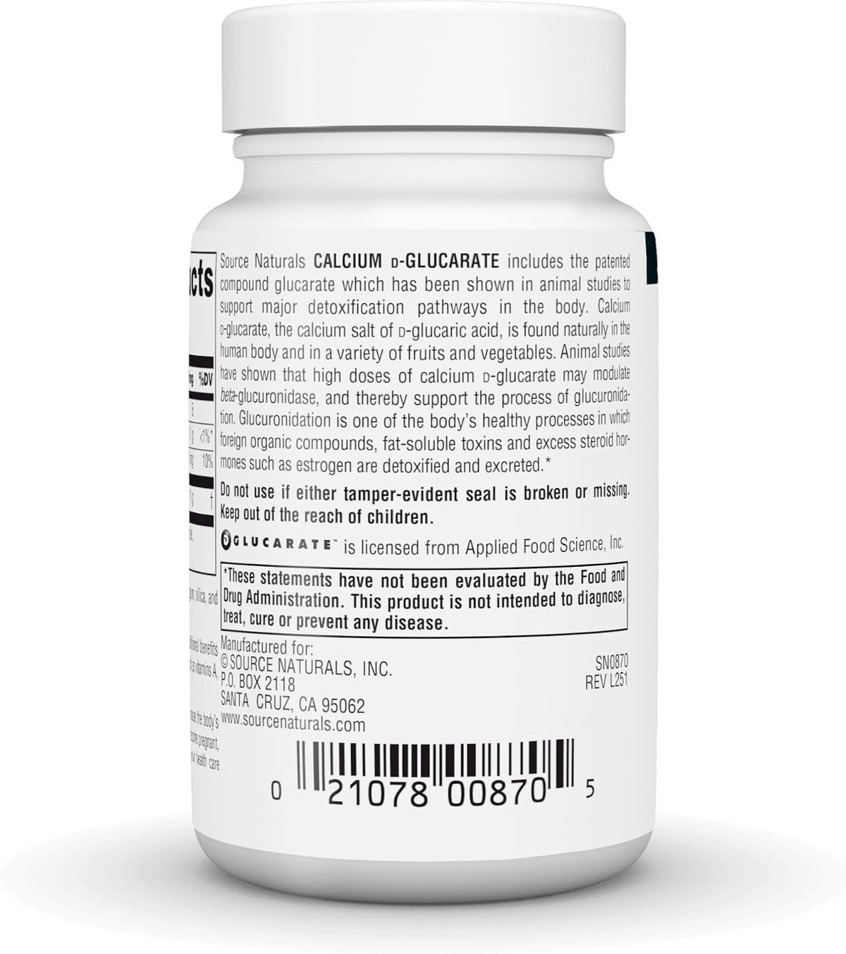 Source Naturals Calcium D Glucarate 60 tablets side profile view