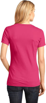 District Made dark fuchsia v-neck t-shirt fabric close-up and fit showcase