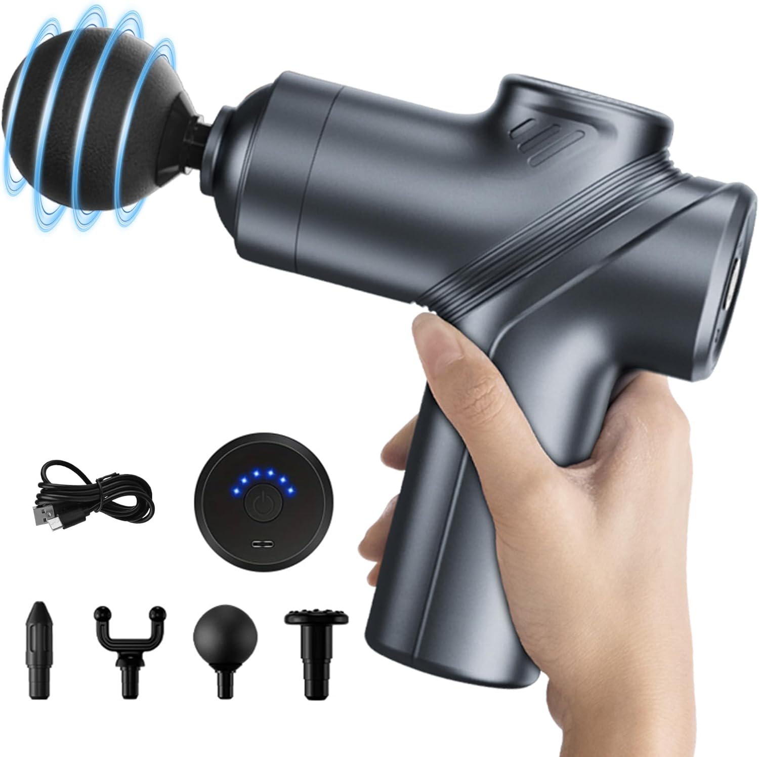 LEERCON Deep Tissue Massage Gun front view showing the compact portable handheld design