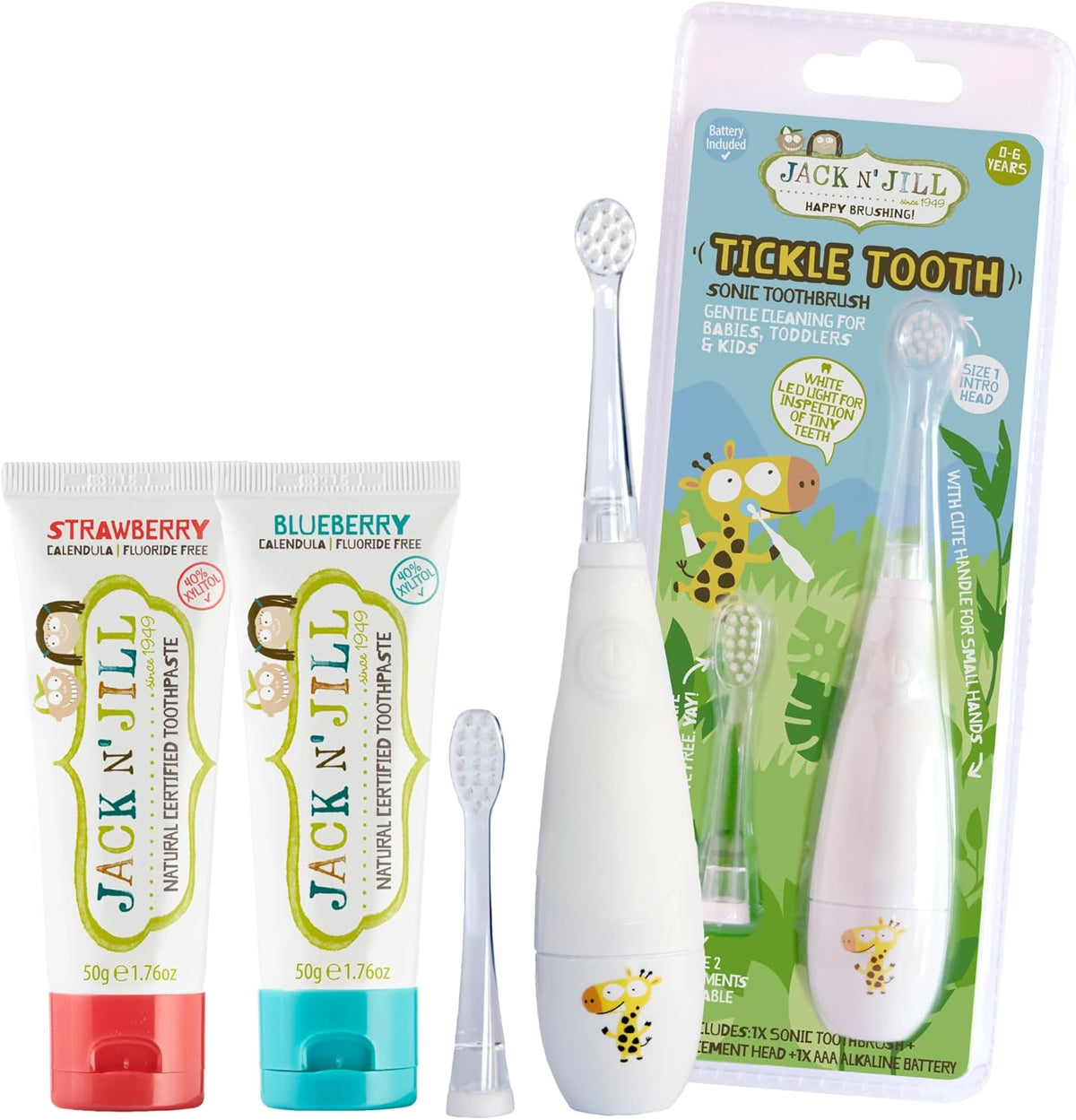 Jack N' Jill Tickle Tooth Sonic Toothbrush and Toothpaste Set front view for toddlers.
