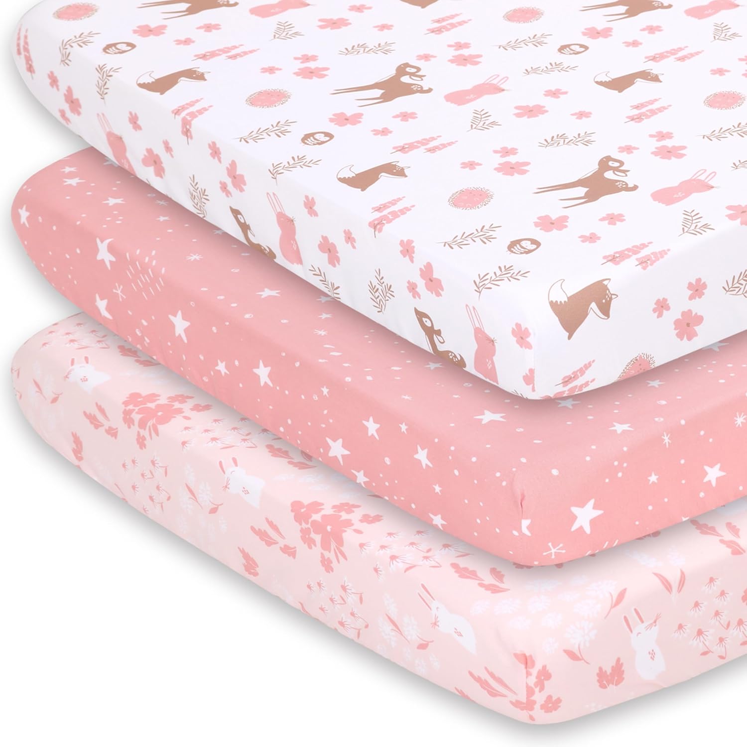 The Peanutshell Woodland Floral Fitted Playard Sheets front view pack of three