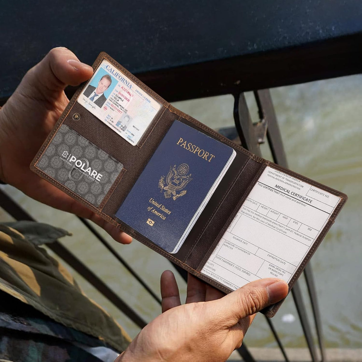 Polare dark brown passport holder open view showing card slots