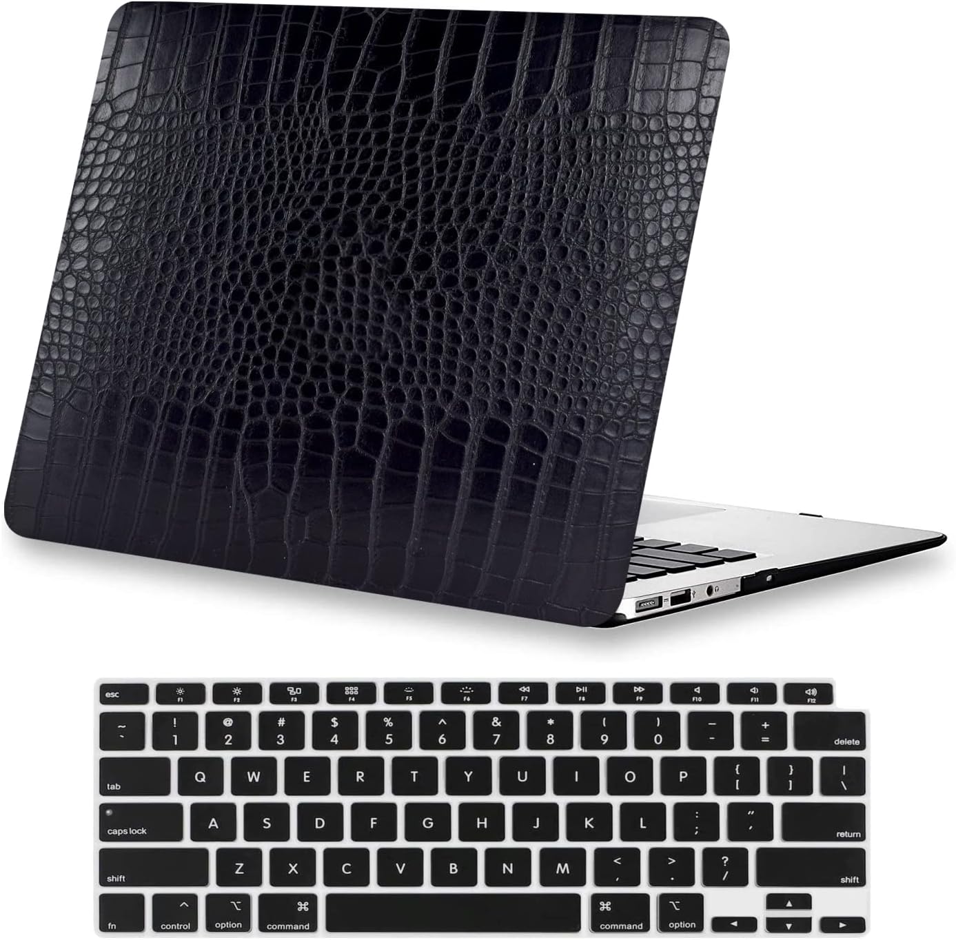 KEROM crocodile MacBook Air 13 inch case front view showing black textured leather finish