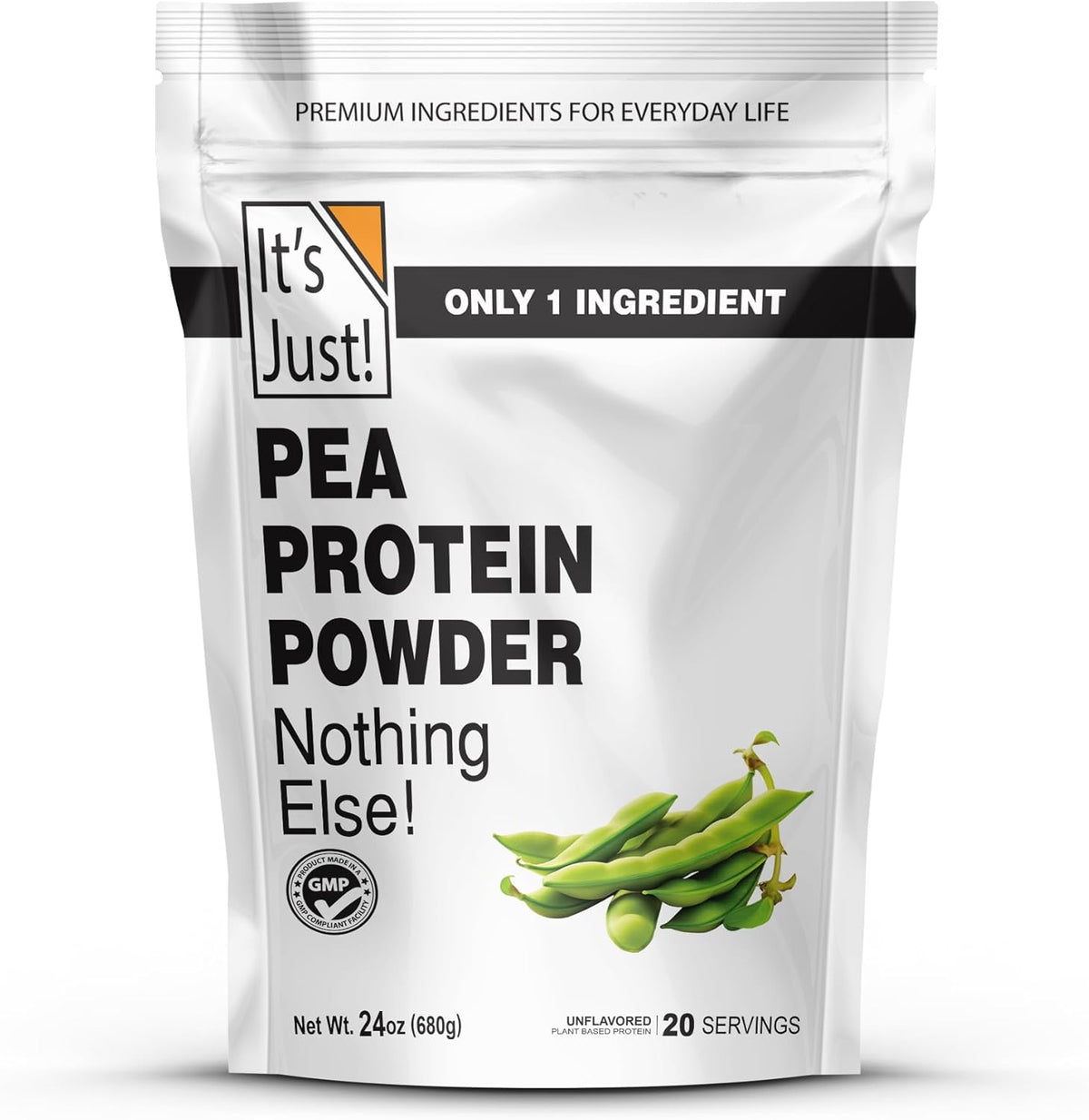 It's Just! Pea Protein Powder front view of 1.5 pound bag showing plant-based labels.