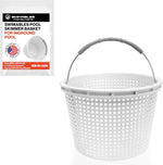Swimables 8 inch pool skimmer basket front view displaying white plastic mesh and handle.