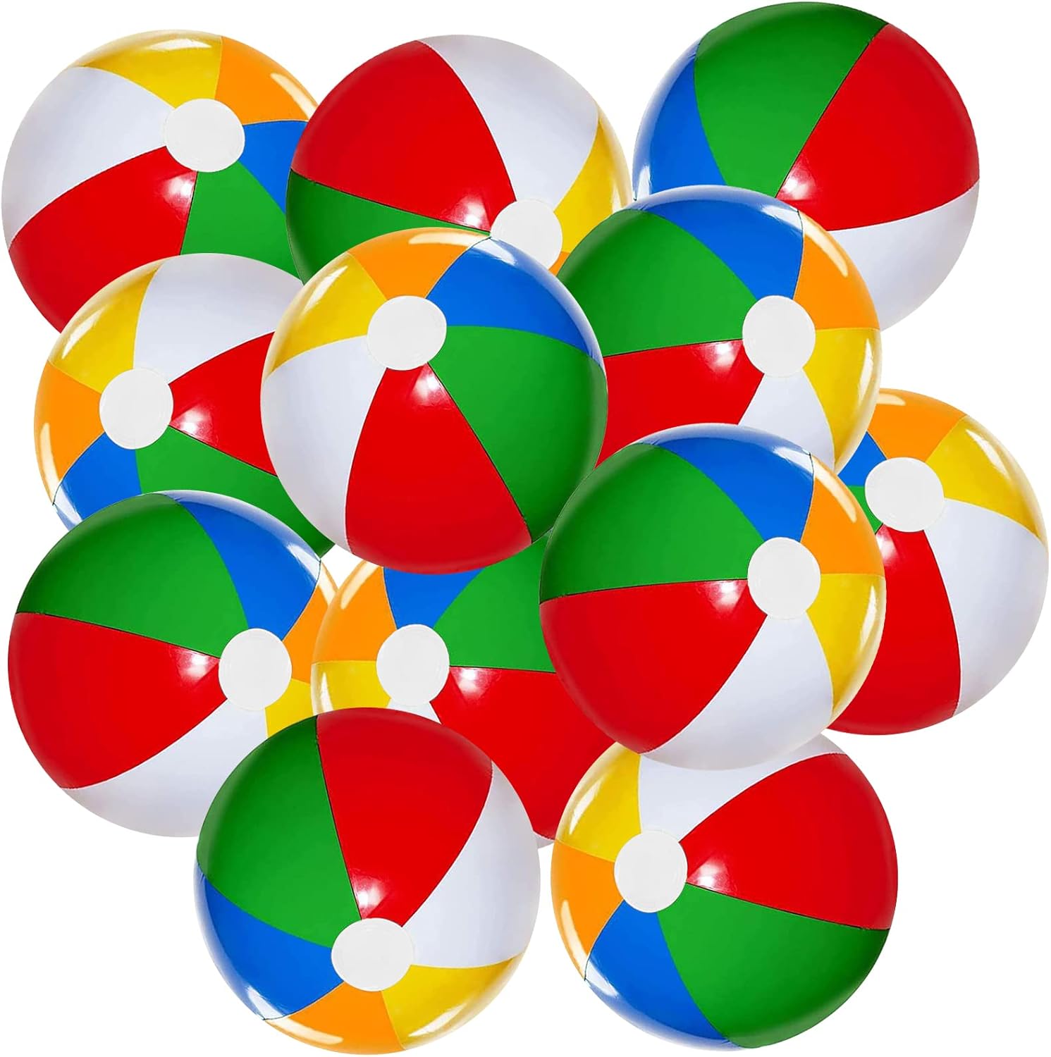 UMUACCAN inflatable beach balls 12 pack front view showing classic rainbow stripes.