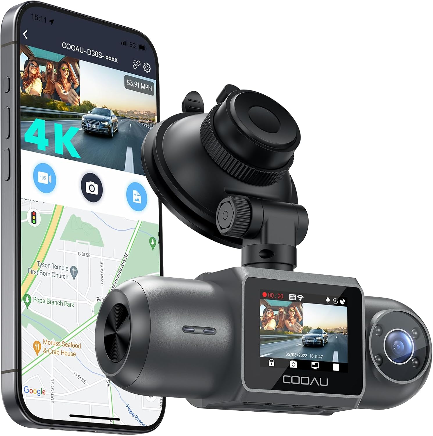 COOAU D30S 4K dash cam front view displaying the main lens and compact design