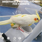 Side view of a pet parakeet comfortably wearing the lightweight cotton bird flight costume.