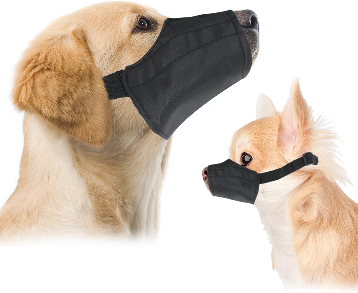 Downtown Pet Supply Quick Fit Dog Muzzle front view of black nylon soft muzzle.