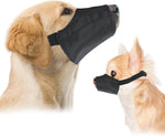 Downtown Pet Supply Quick Fit Dog Muzzle front view of black nylon soft muzzle.