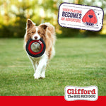 Clifford dog toy flying disc held by a hand