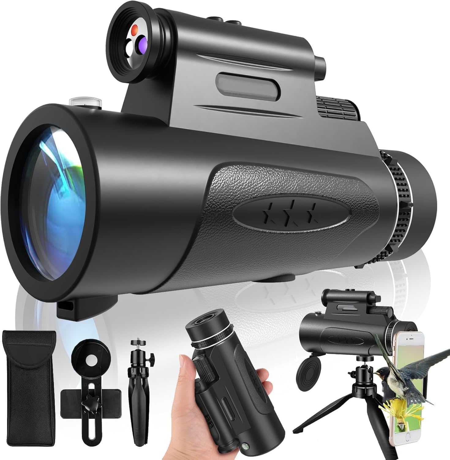 ASxmhGo monocular telescope with lights front view showing the 100mm objective lens