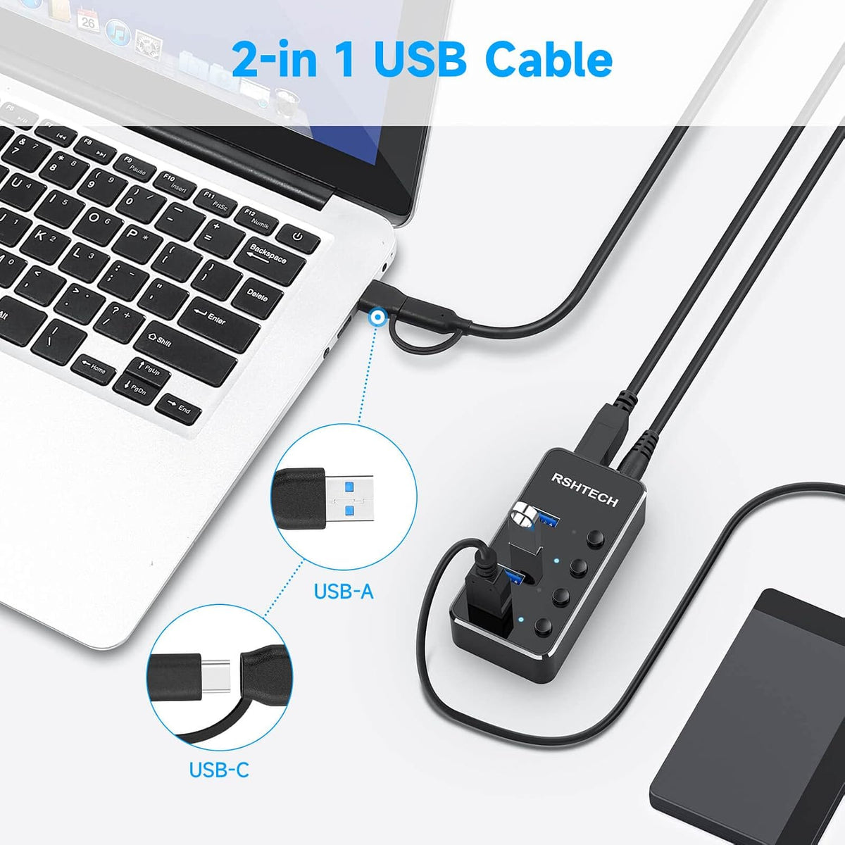 RSHTECH USB hub individual push-button switches and LED indicators