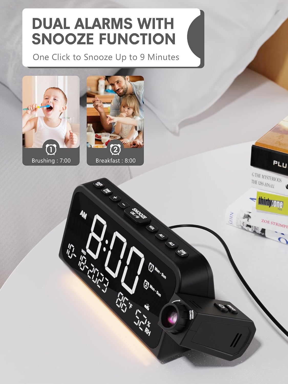 Mesqool projection alarm clock lifestyle bedroom setup