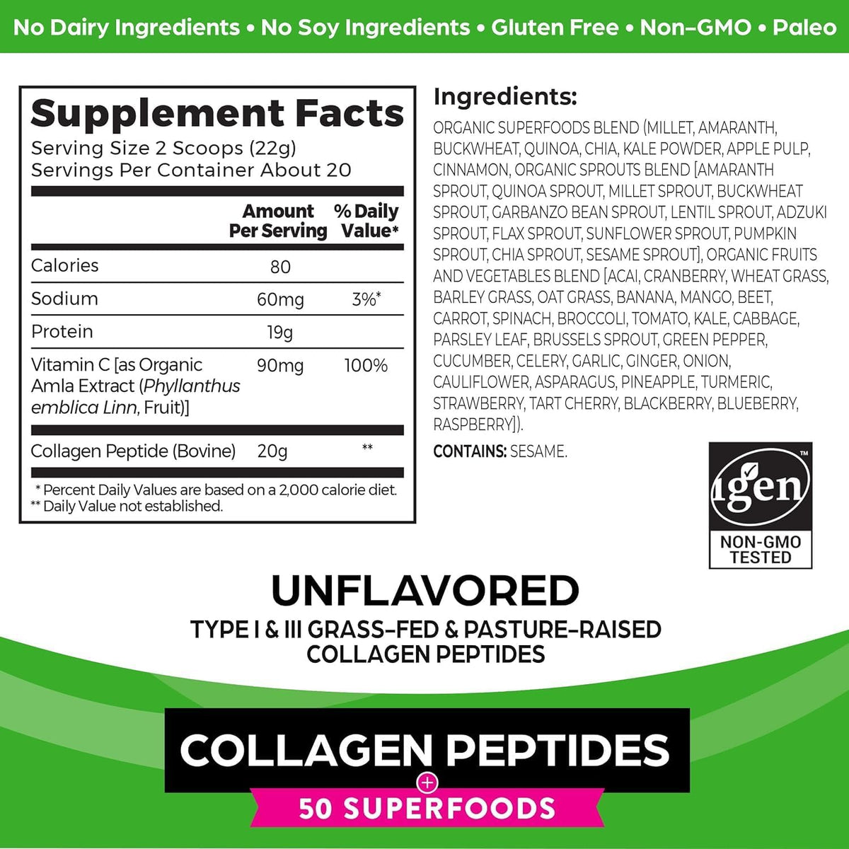 Back of Orgain collagen container showing organic superfoods blend