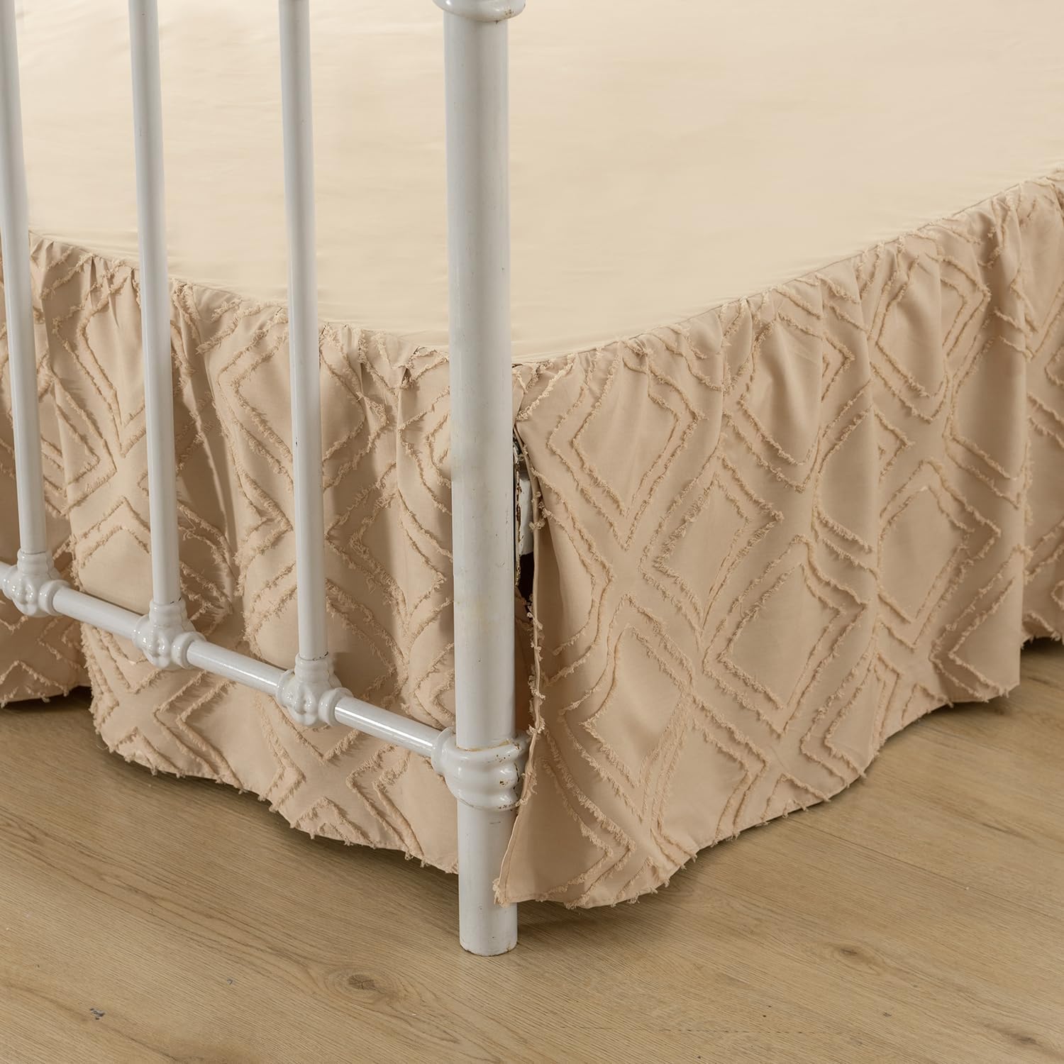Xuan Dian full size ruffled bed skirt in light camel front view