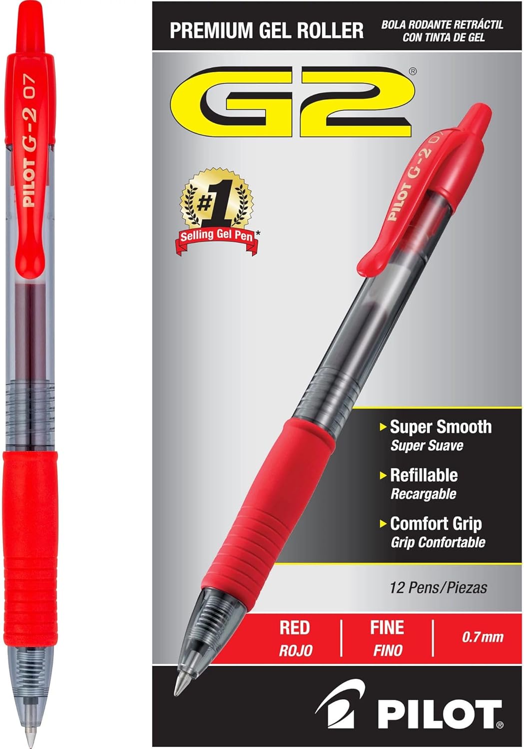 Pilot G2 Fine Point Red Gel Pens front view box packaging