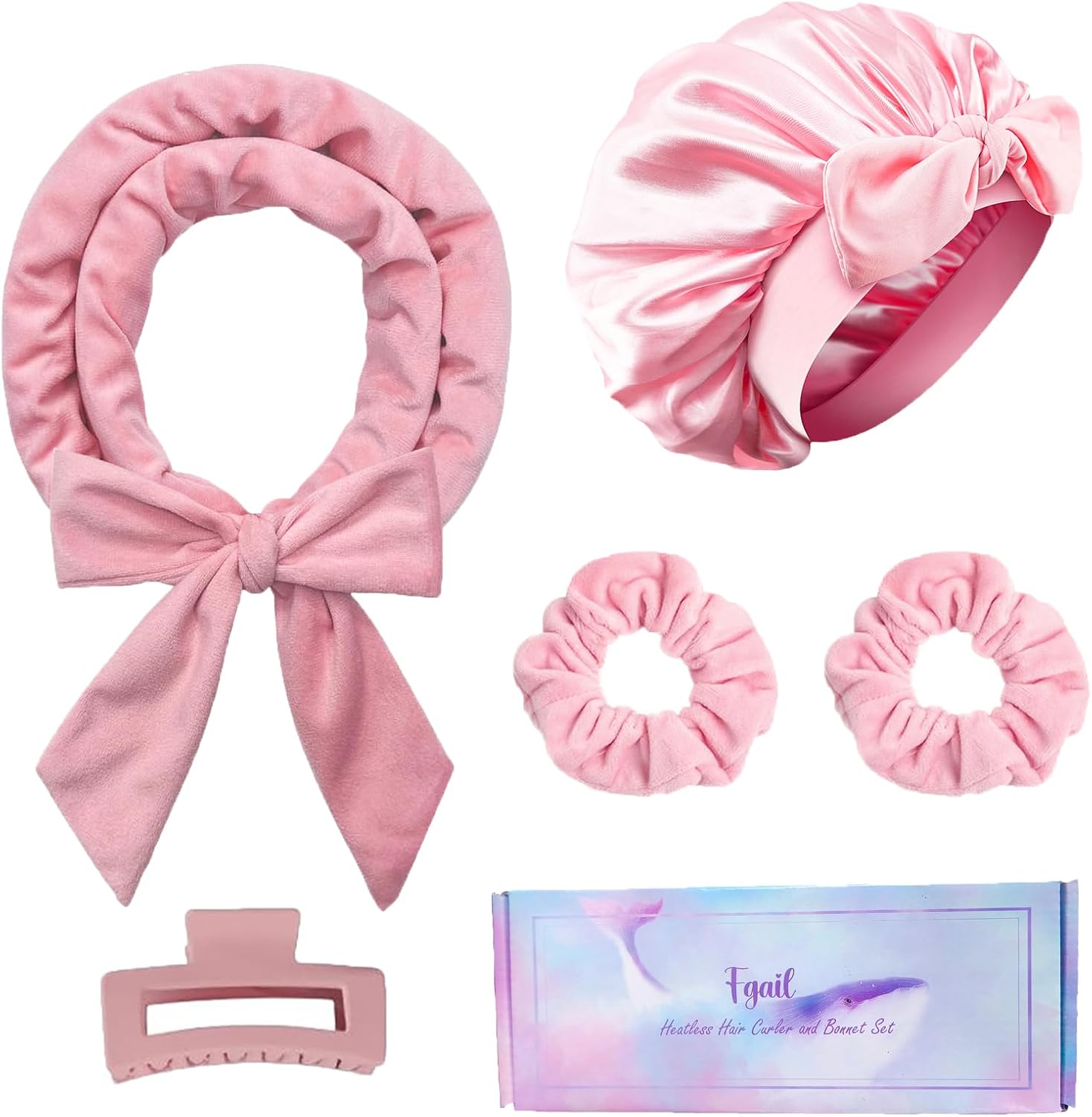 Fgail heatless hair curler and satin bonnet set pink front view showing packaging