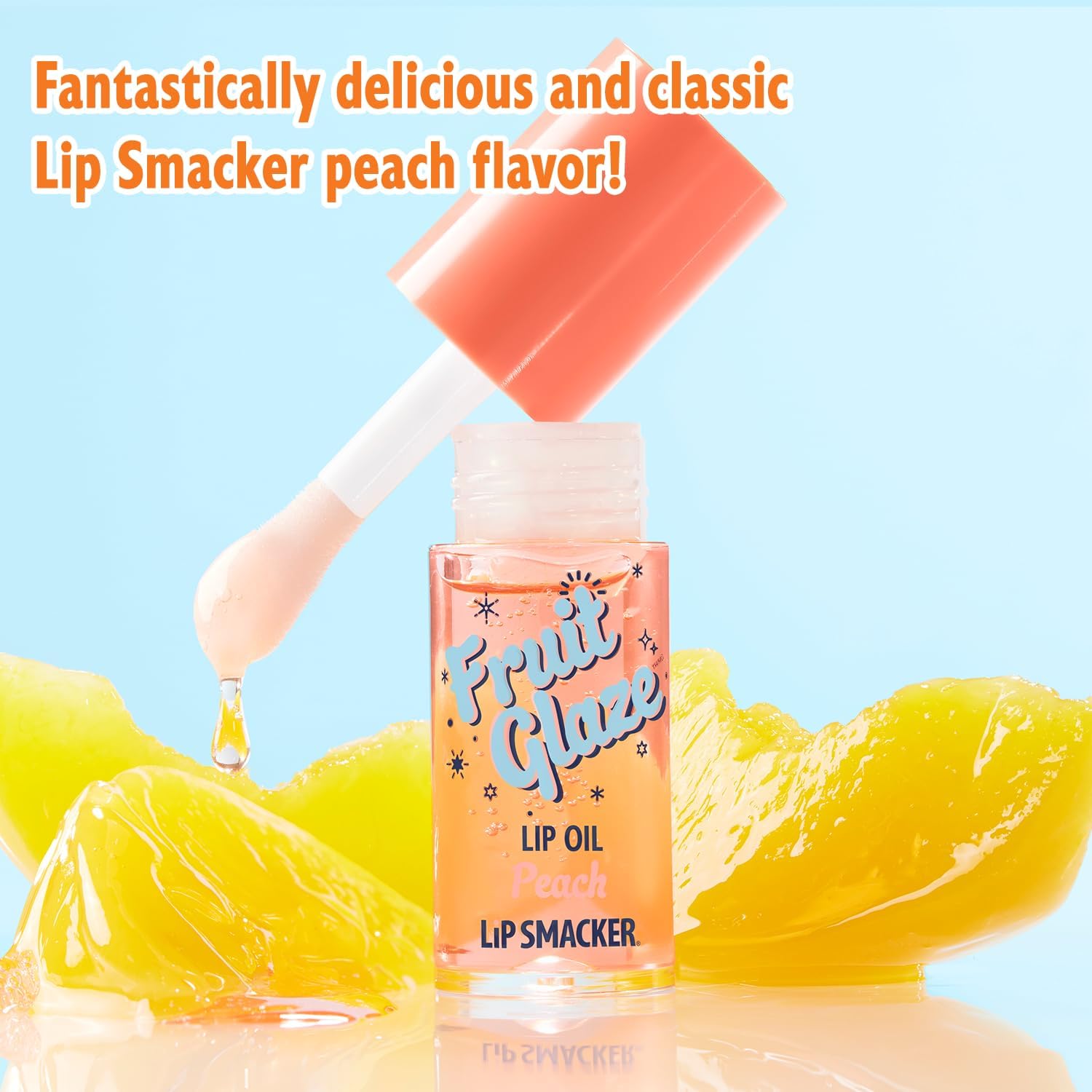 Lip Smacker Peach lip oil plush applicator close up