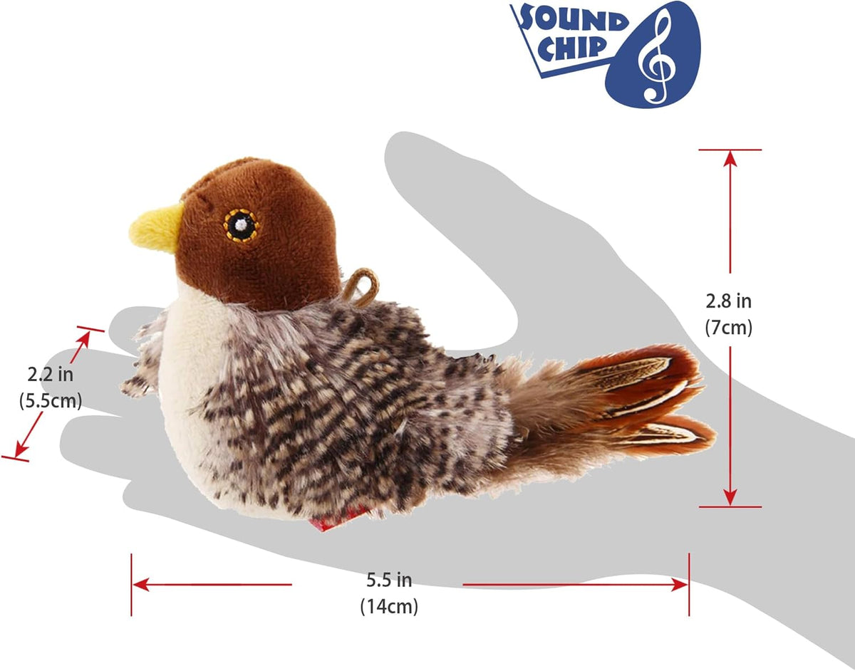 Motion activated chirping bird kitten toy with natural feather tail.