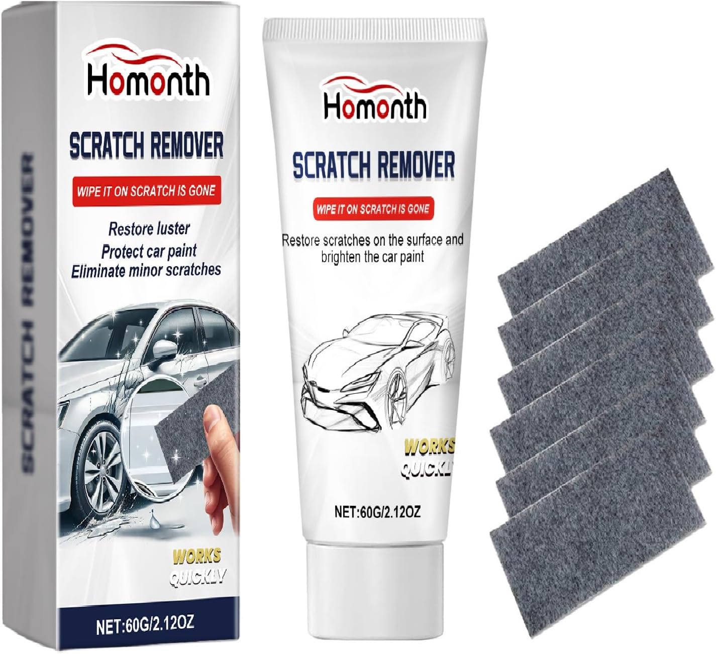 Wenfeng Homonth Car Scratch Remover kit front view showing the tube and polishing sponge.