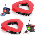 Funtin mop scrub brush head front view showing red triangular base and stiff white bristles for bathroom cleaning.
