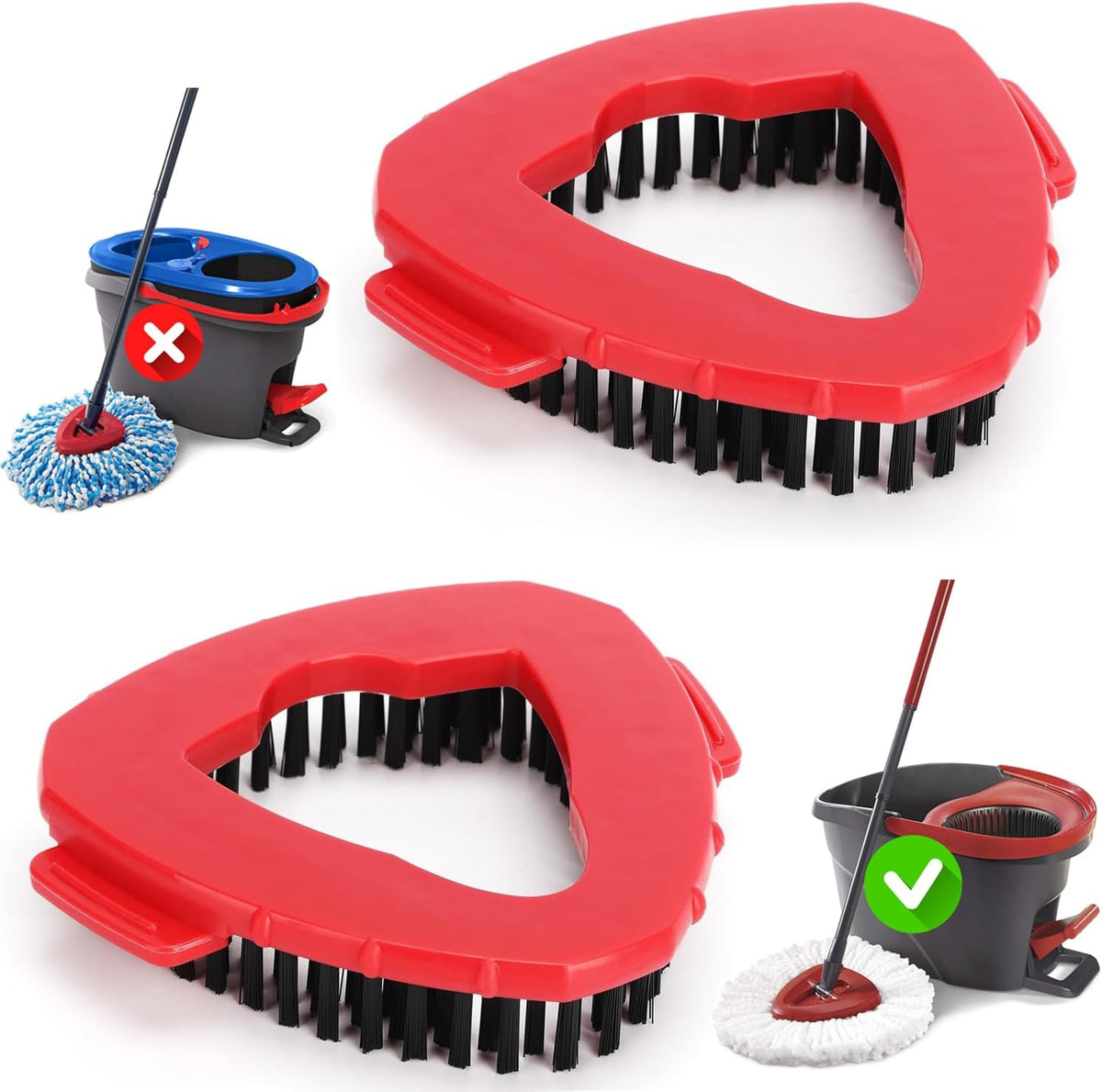 Funtin mop scrub brush head front view showing red triangular base and stiff white bristles for bathroom cleaning.