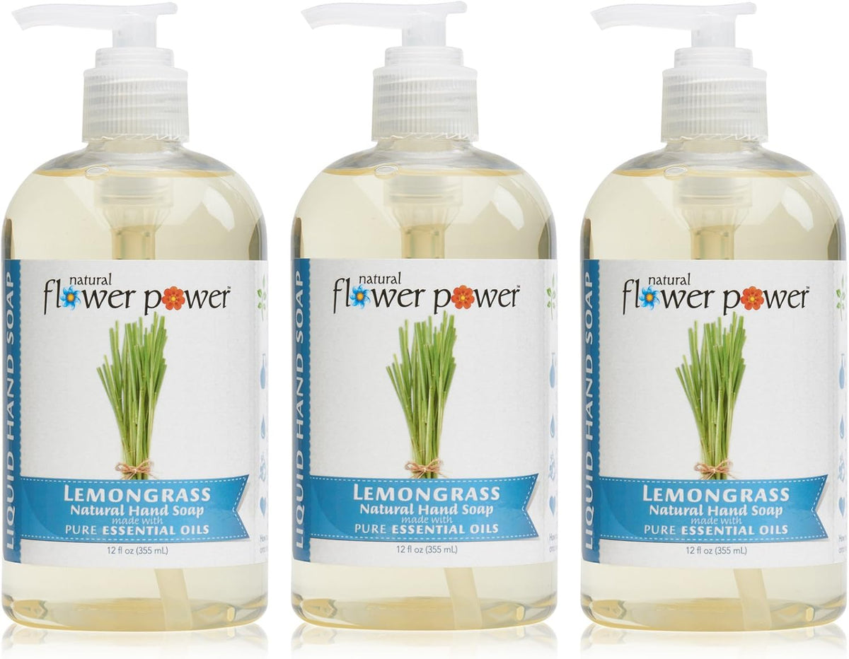 Natural Flower Power lemongrass liquid hand soap front view pump bottle