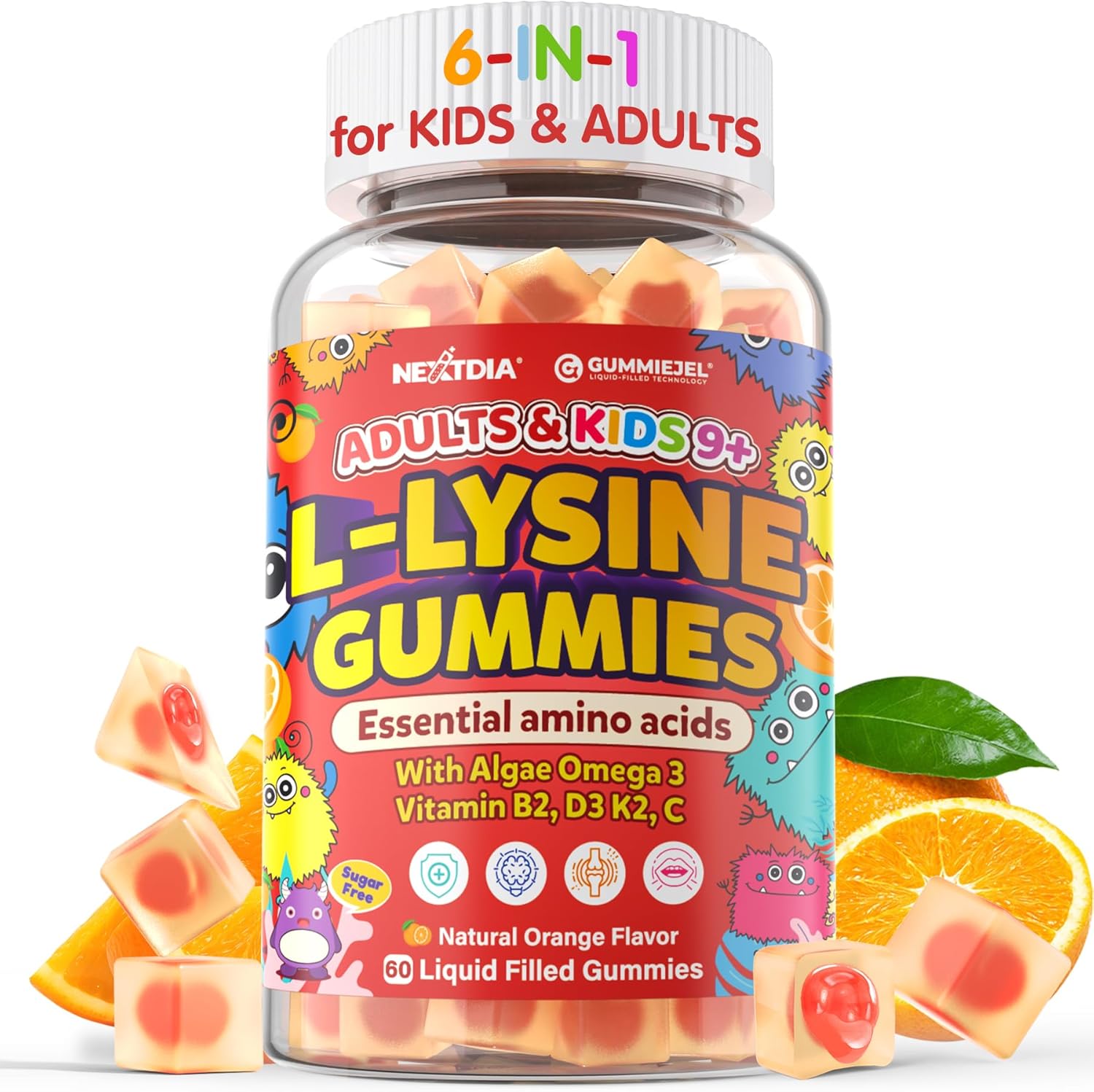 L-Lysine Gummies 500/1000mg with Algae Omega 3, Vitamin B2, D3, K2, C for Kids 9+, Teen & Adult, Lysine Supplement Support Immune, Lip & Oral, Collagen Production, Brain, Bone Health, Sugar Free 1Pack - Image 1