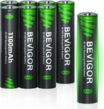 BEVIGOR Rechargeable AAA Batteries 8 count front view package showcasing the 1100mAh capacity text.