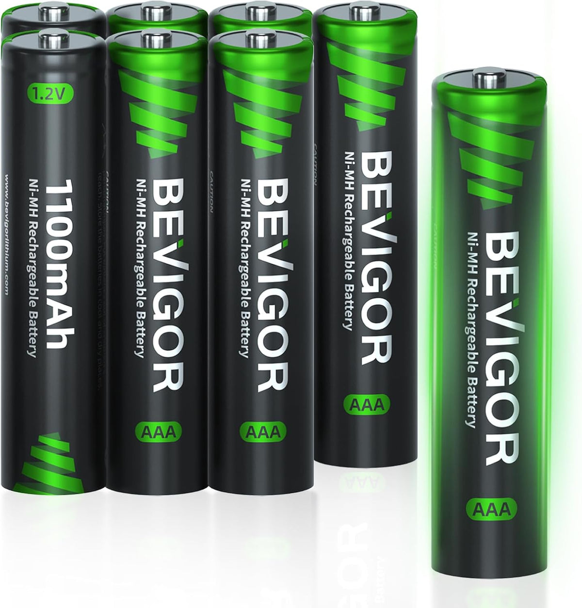BEVIGOR Rechargeable AAA Batteries 8 count front view package showcasing the 1100mAh capacity text.