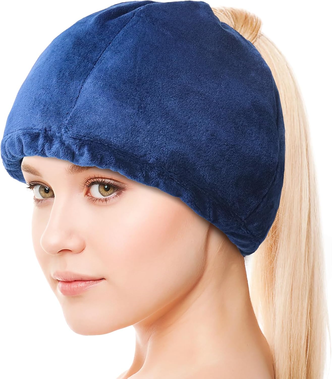 Hilph migraine headache ice cap front view showcasing the soft blue plush fabric and adjustable straps