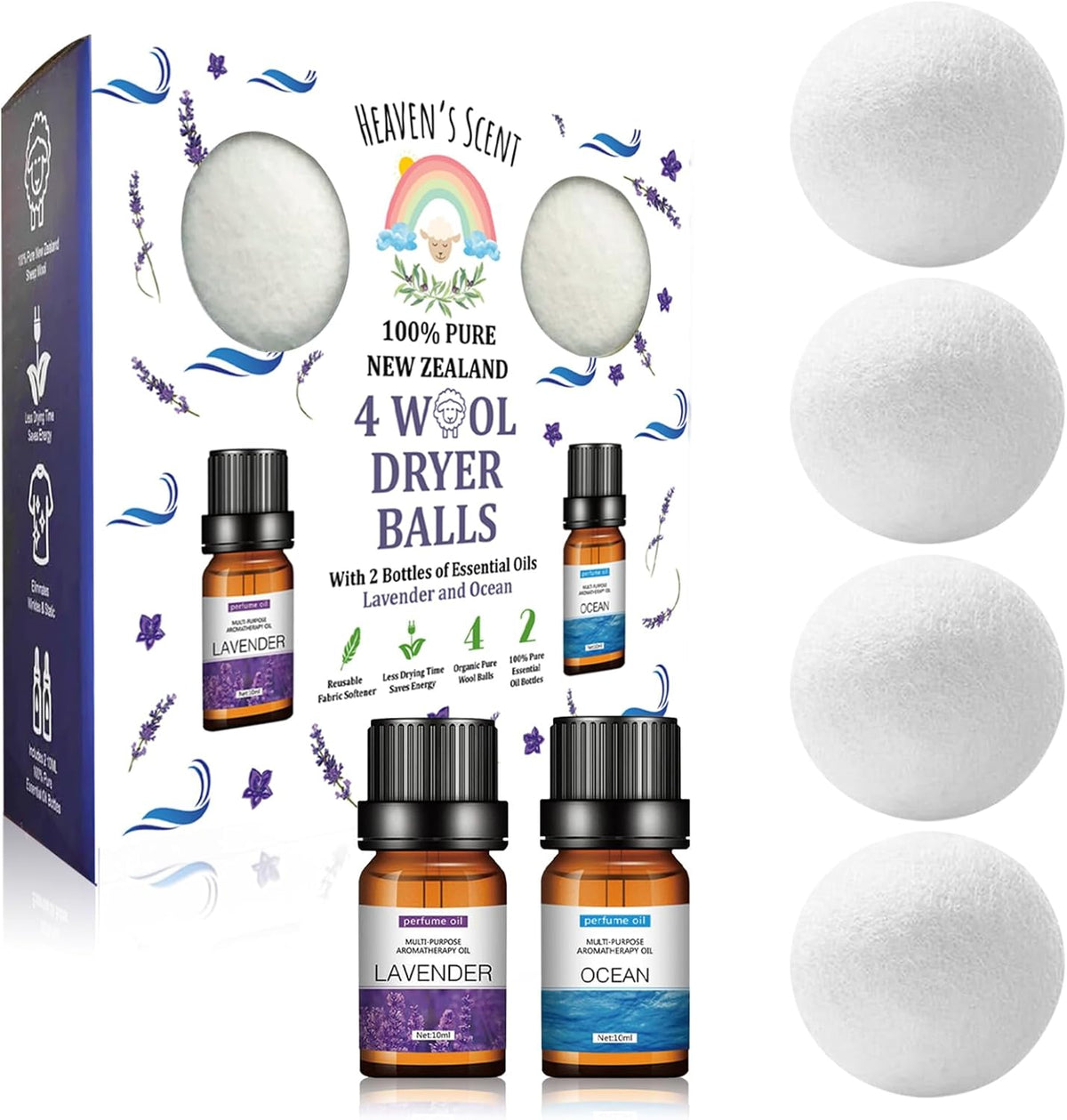 Heaven's Scent Wool Dryer Balls with Essential Oils Bundle front view showing four white laundry balls and fragrance bottles.