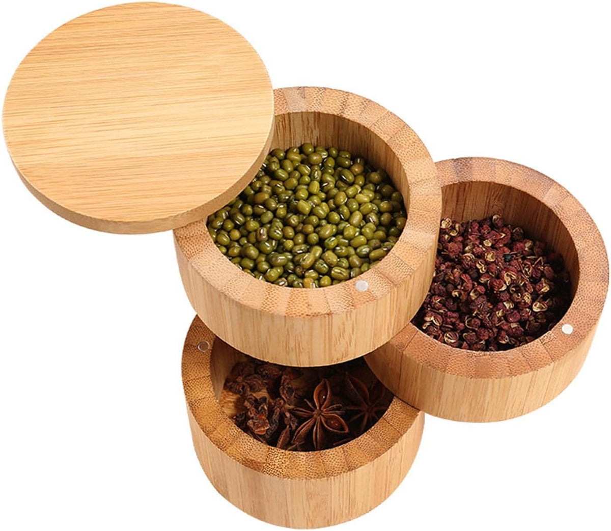 Tomotato wooden spice container with rotating tiers open