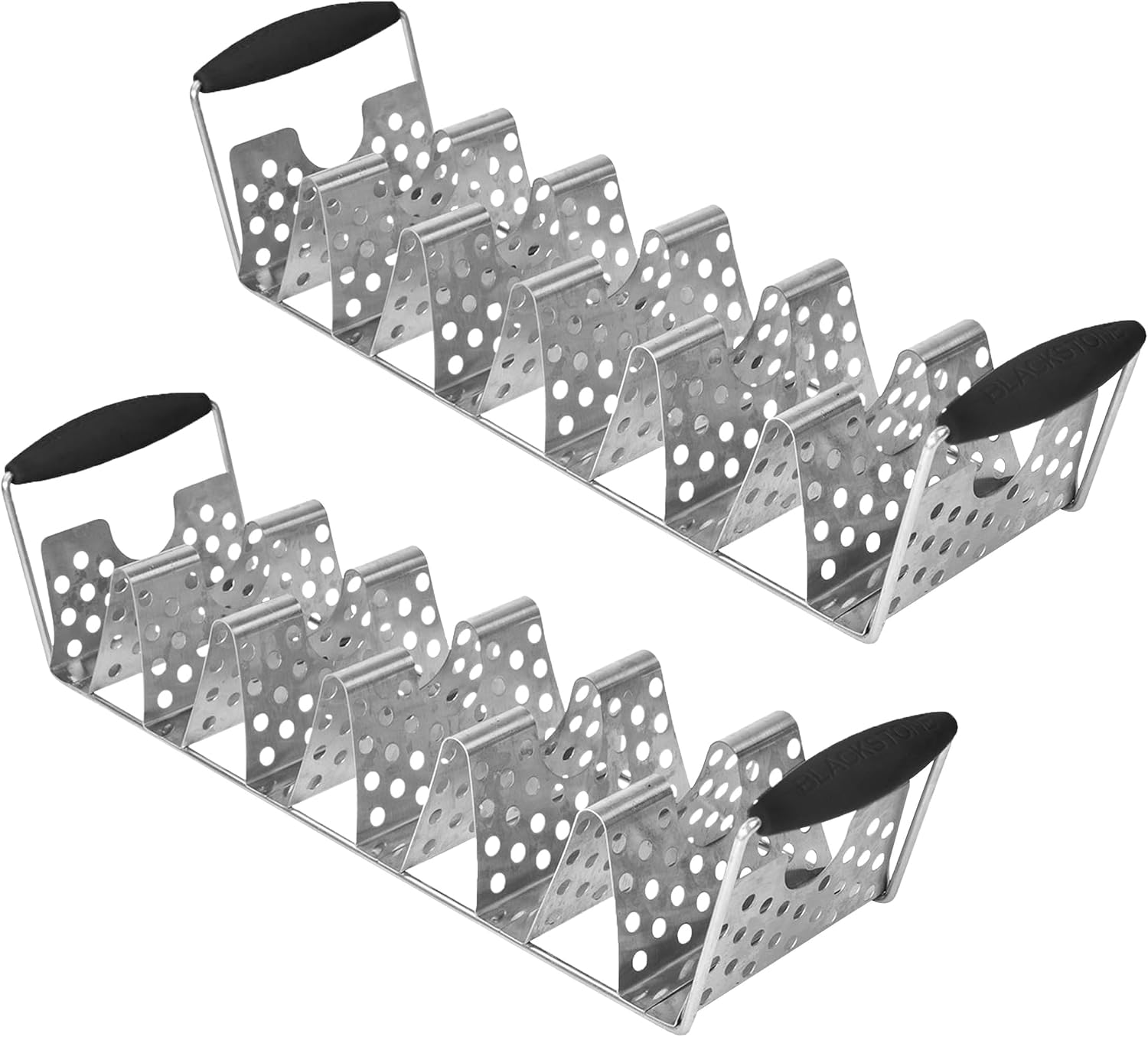 Blackstone deluxe taco holder stand front view showing dual stainless steel trays