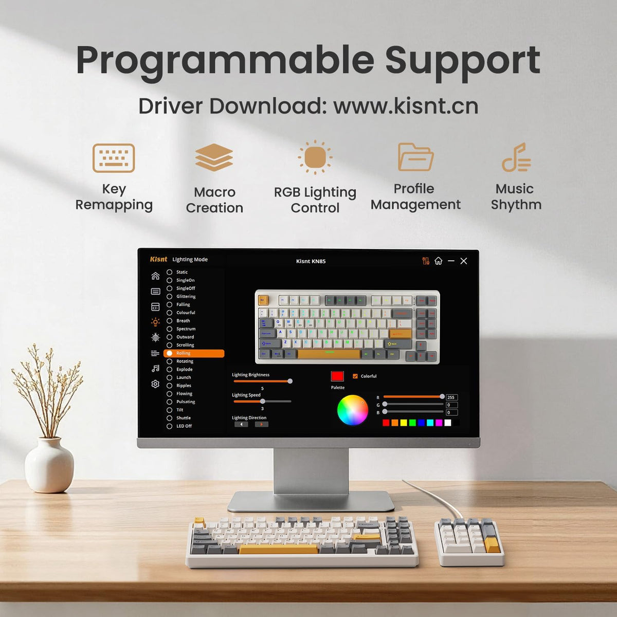 Kisnt KN85 wireless keyboard connected to laptop and desktop setup