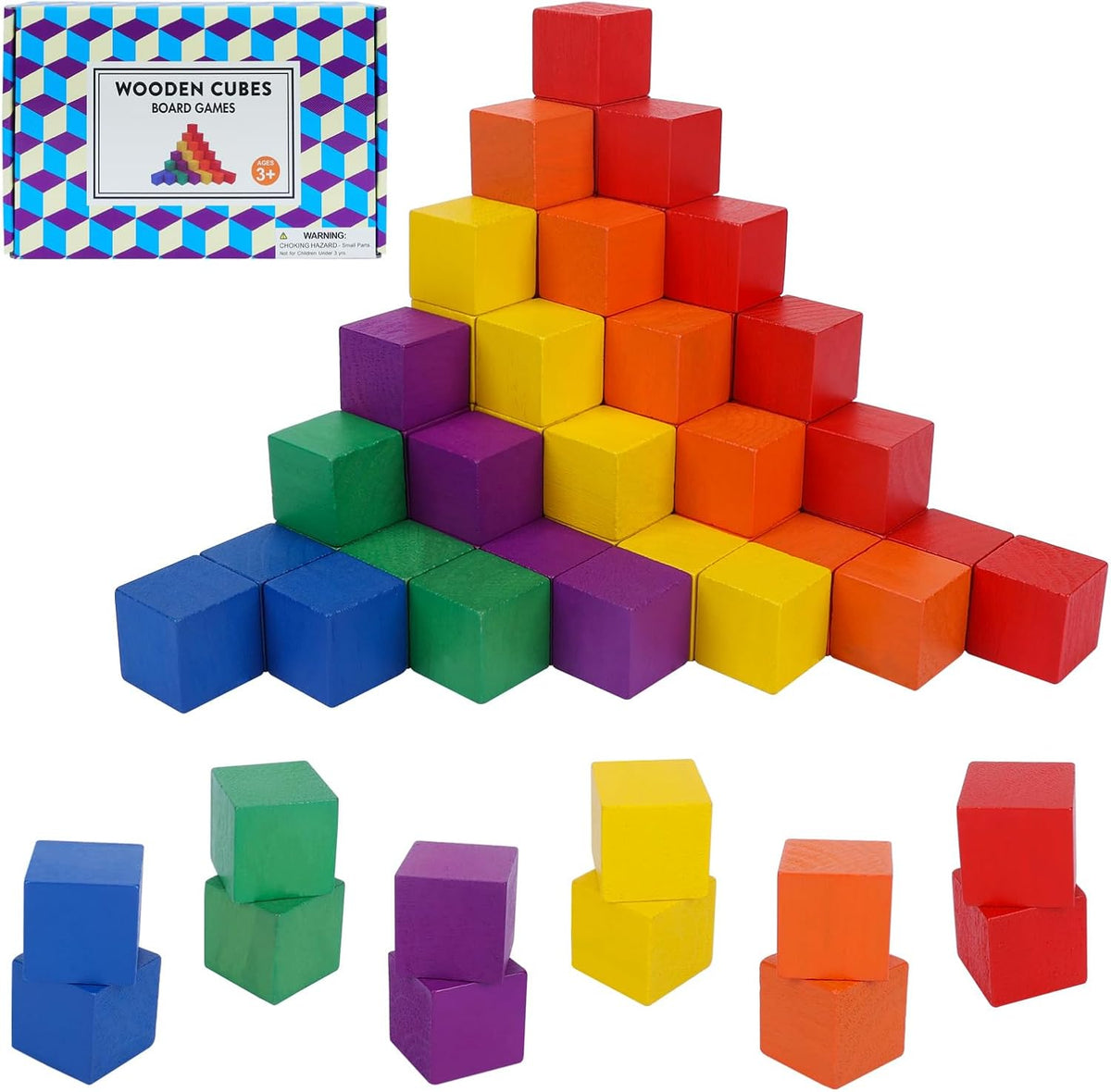 Offelec counting sorting wooden cube blocks set front view showing six vibrant colors