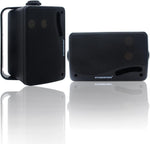 STUDIOFINIX passive outdoor speakers front view showing black waterproof casing and protective mesh grill.
