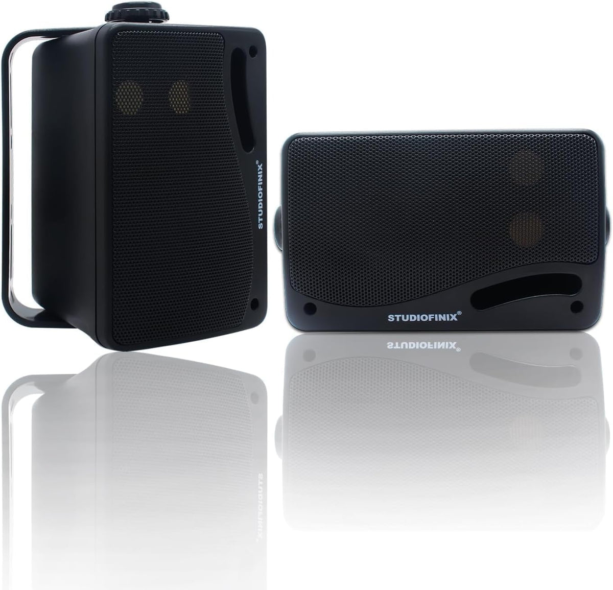 STUDIOFINIX passive outdoor speakers front view showing black waterproof casing and protective mesh grill.