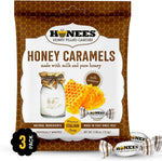 Side angle of the Honees Honey and Ginger hard candy bag highlighting the 90 year heritage mark