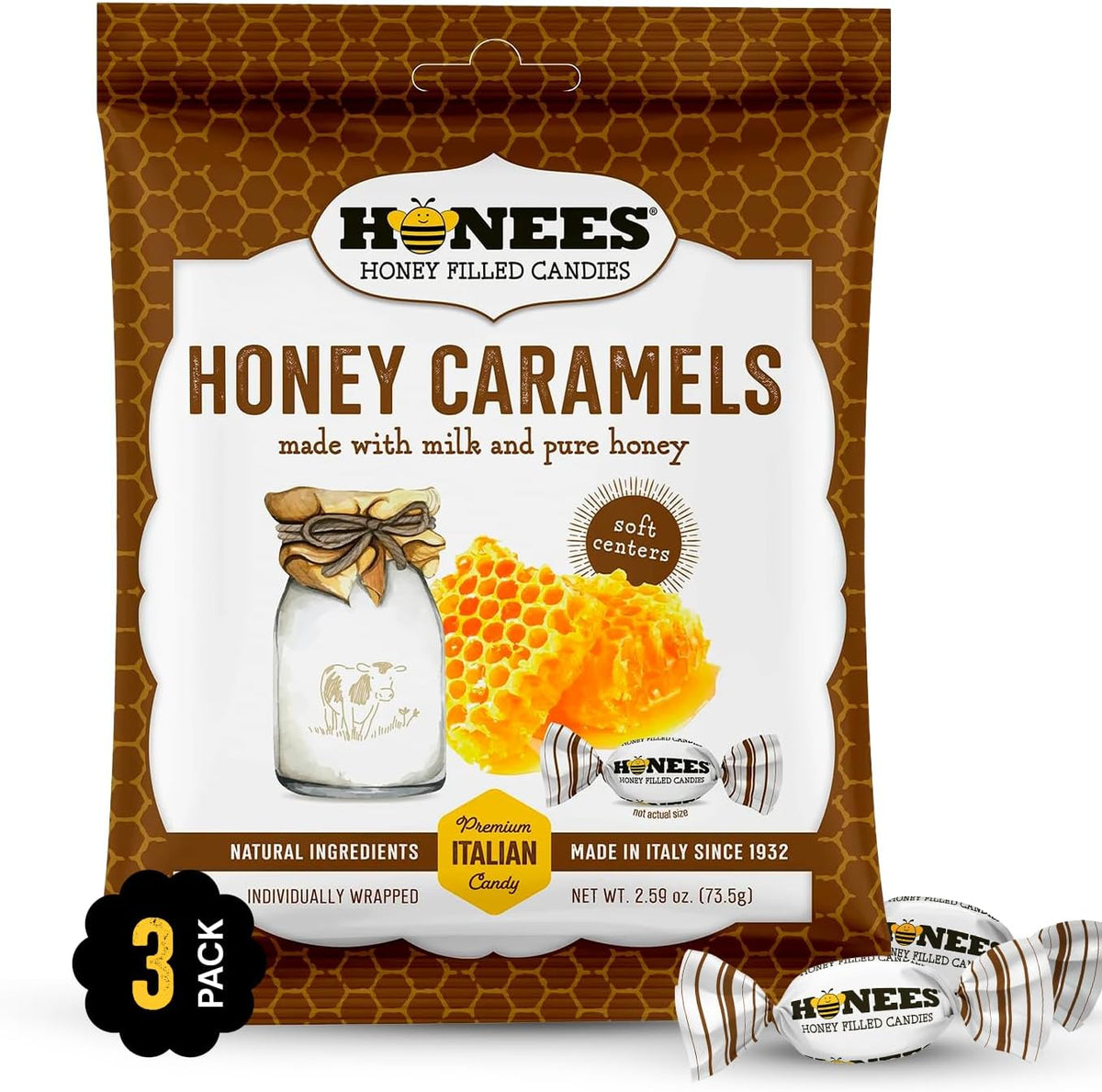 Side angle of the Honees Honey and Ginger hard candy bag highlighting the 90 year heritage mark