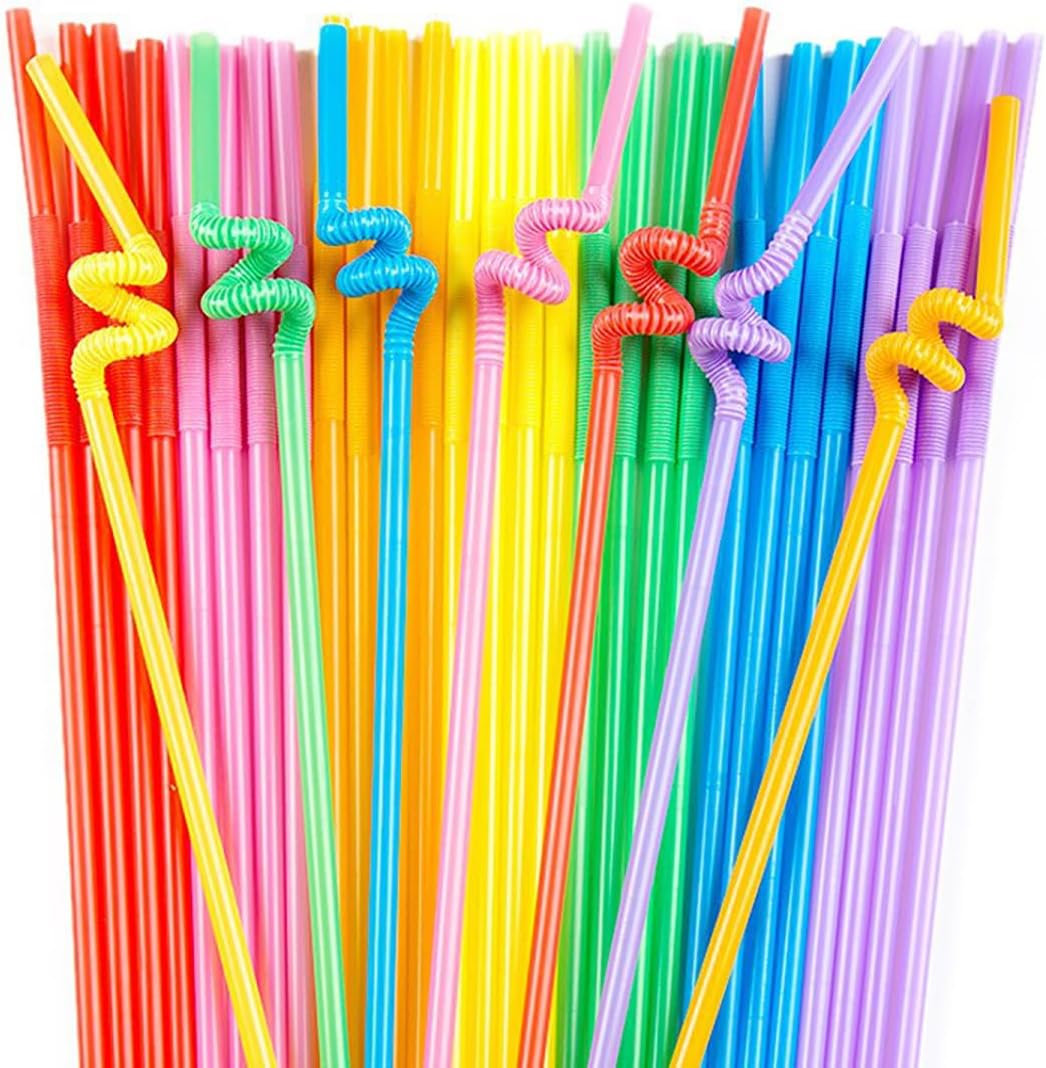 Luszmoax extra long colorful plastic bendy straws 100 count front view showing vibrant assorted colors.